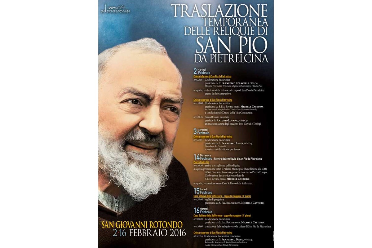 Traslazione delle reliquie di Padre Pio. Il programma completo in Puglia